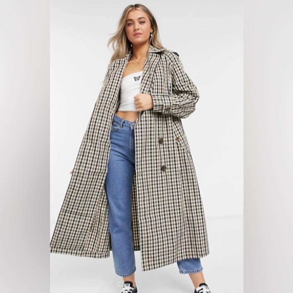 ASOS DESIGN check trench coat in brown